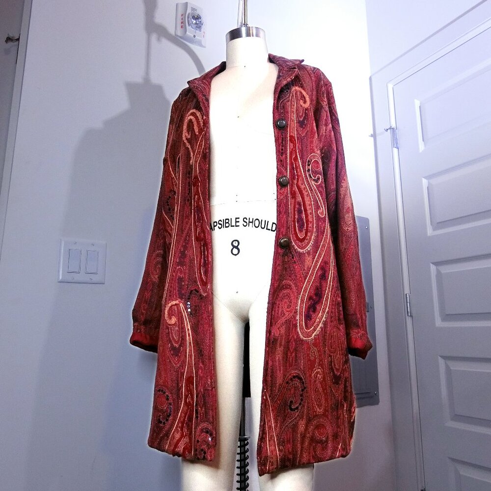 Coldwater Creek XL Rust Red Paisley Long Blazer Jacket | Boho Artwear
